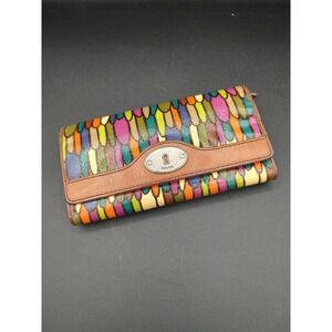 Fossil Key-Per Trifold Wallet Multicolor Abstract Teardrop Leather Trim Brown